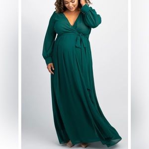 Green Chiffon Long Sleeve Pleated Plus Maternity Maxi Dress